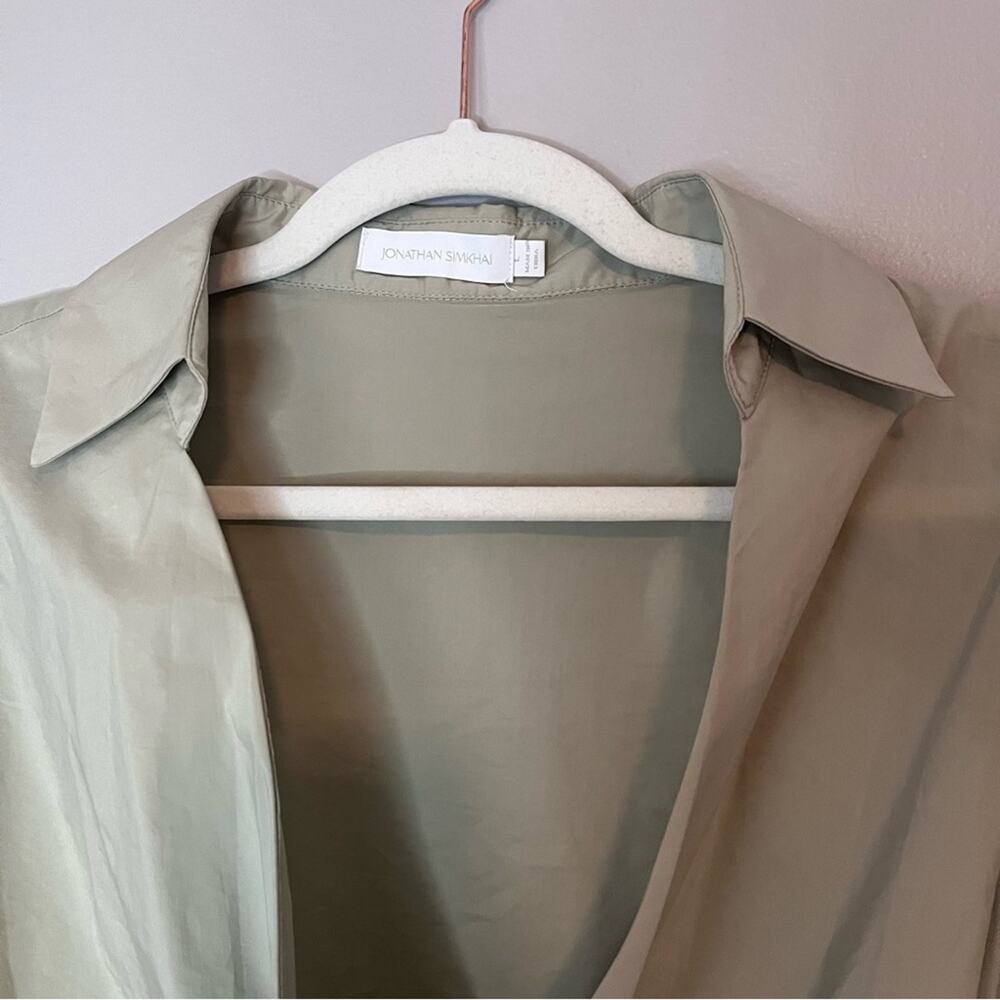 Jonathan Simkhai Waverly Bubble Sleeve Collared Tie Waist Wrap Blouse Thyme Sage - Picture 5 of 9